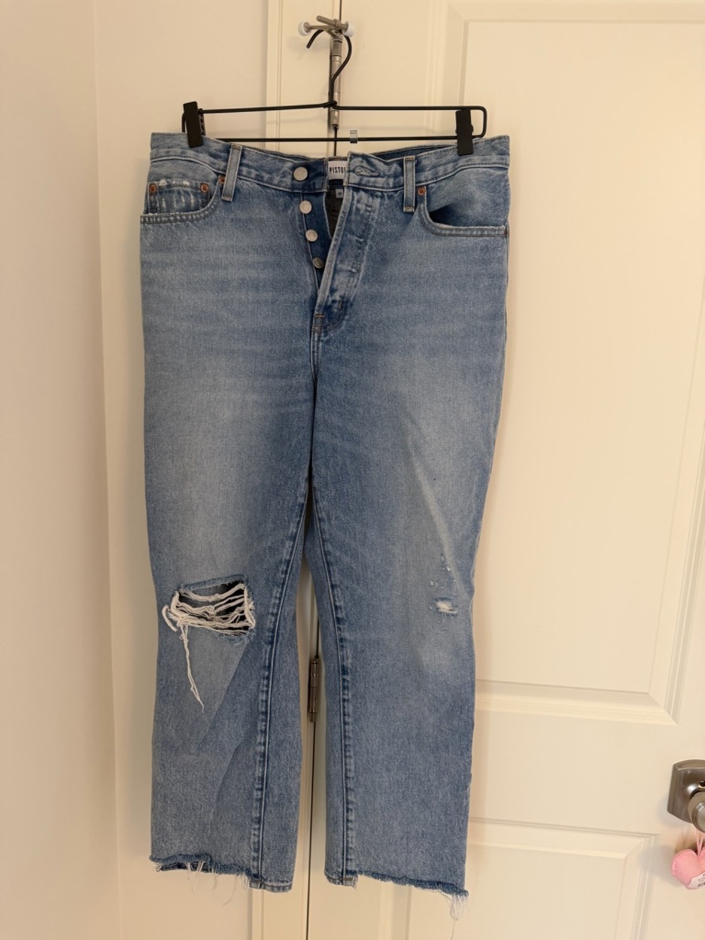 Pistola light blue denim jeans with tan stitching